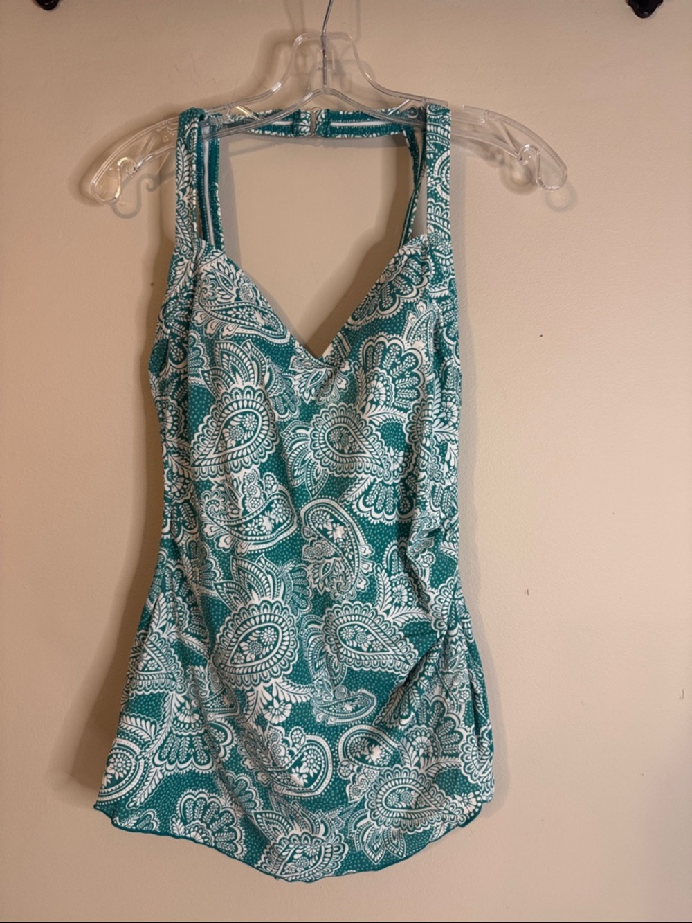 FIT 4 YOU teal & white paisley print sarong style one piece swimsuit size 12